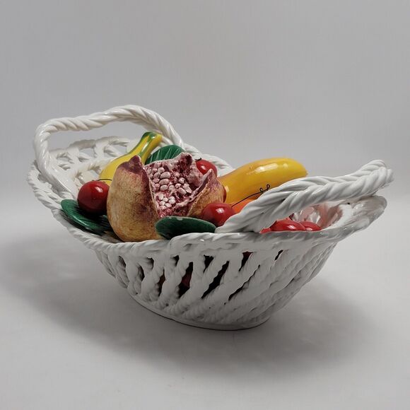 Capodimonte Ceramic Woven Basket Fruit Bowl Centerpiece Hand Painted Italy - Picture 4 of 15